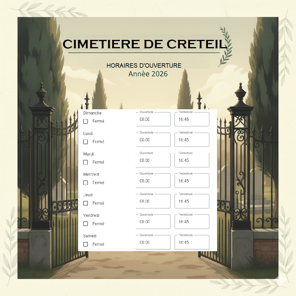 HORAIRES D'OUVERTURE DU CIMETIERE DE CRETEIL